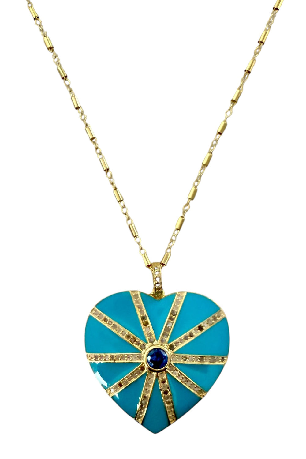 Necklace of gold-filled bar chain with gold vermeil, turquoise enamel and pave diamond heart pendant