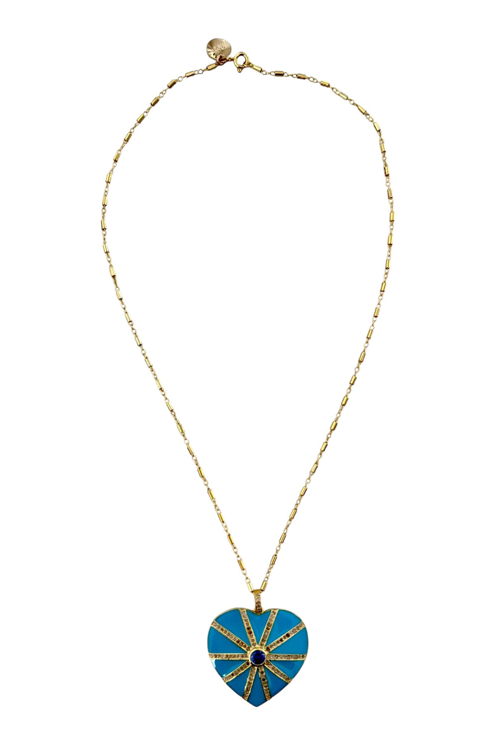 Necklace of gold-filled bar chain with gold vermeil, turquoise enamel and pave diamond heart pendant