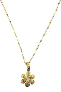 Necklace of 14K gold filled bar chain with gold vermeil and pave diamond flower pendant