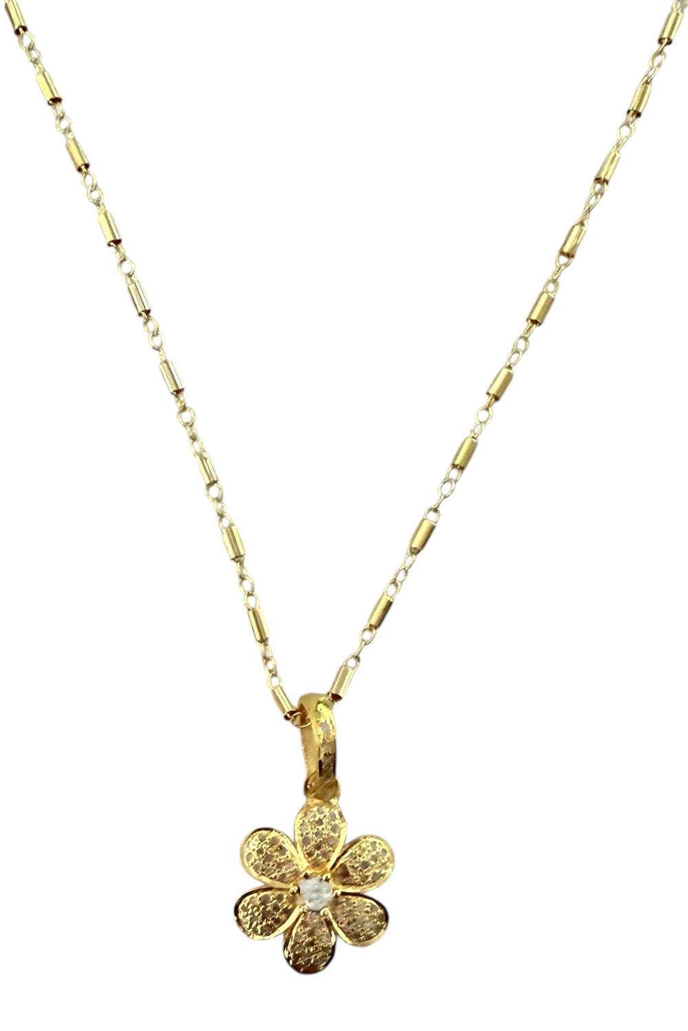Necklace of 14K gold filled bar chain with gold vermeil and pave diamond flower pendant