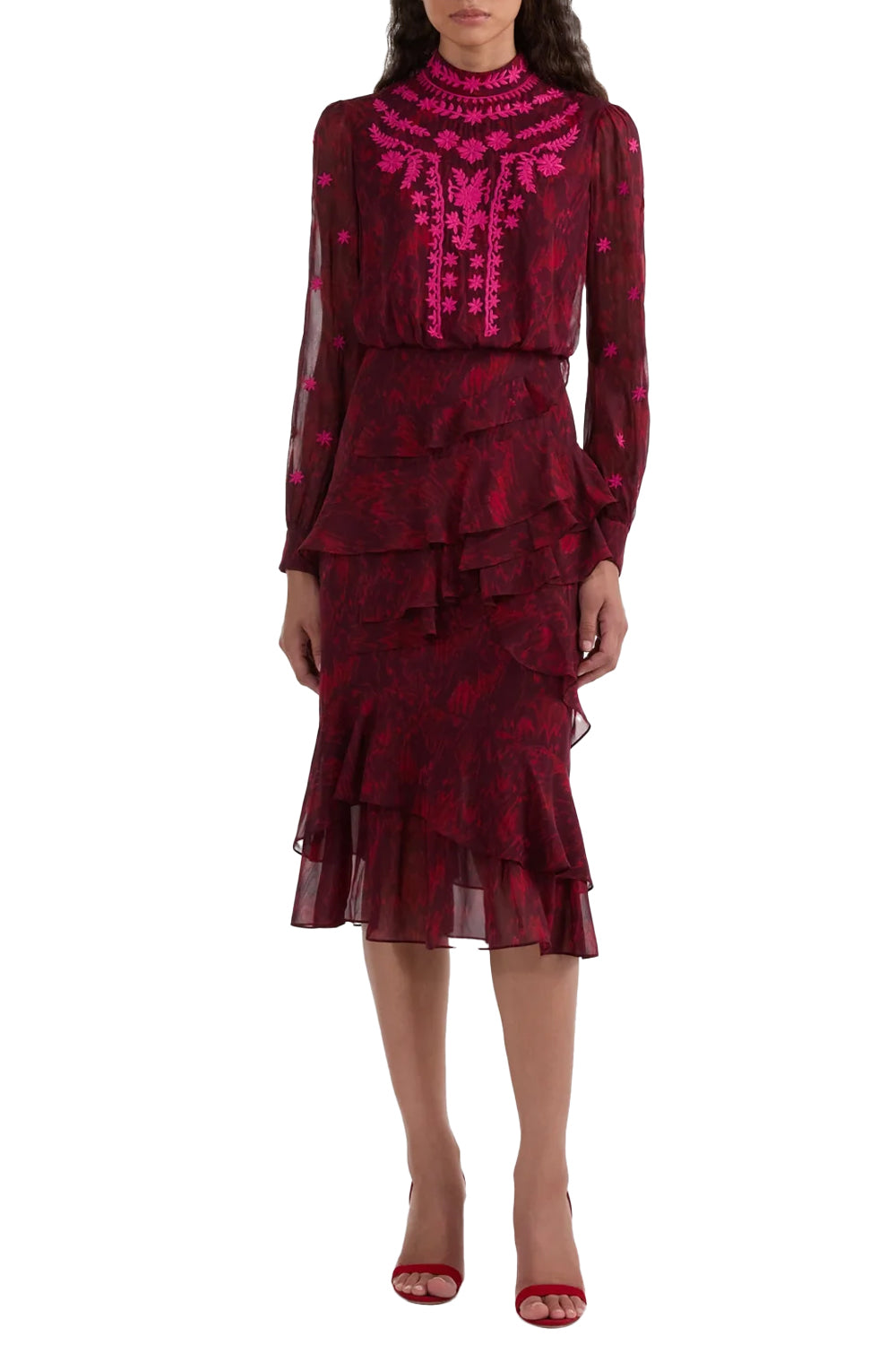 Isa Ruffle in Astilbe Burgundy Embroidery