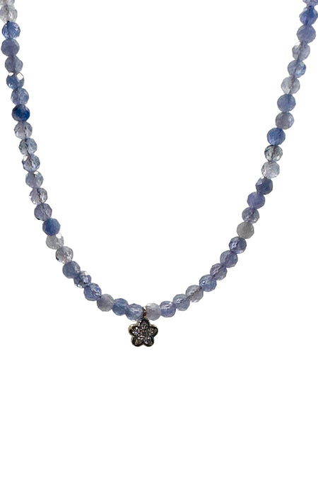 Small Faceted Sapphire Necklace with Silver & Pave Diamond Heart Charm