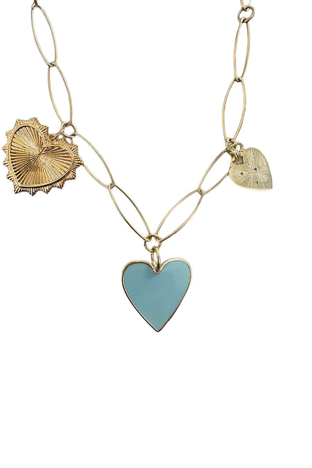 14K Gold Filled Paper Clip Chain Neckace with Turquoise Inlaid Heart Padlock