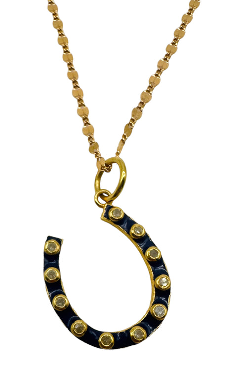 14K Gold Filled 18" Tube Chain with Horseshoe Charm of 14K Gold Vermeil, Navy Enamel and Bezel Set Diamonds