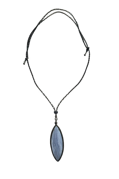 Adjustable Braided Cord Necklace with Marquis Blue Lace Agate and Pave Diamond Pendant