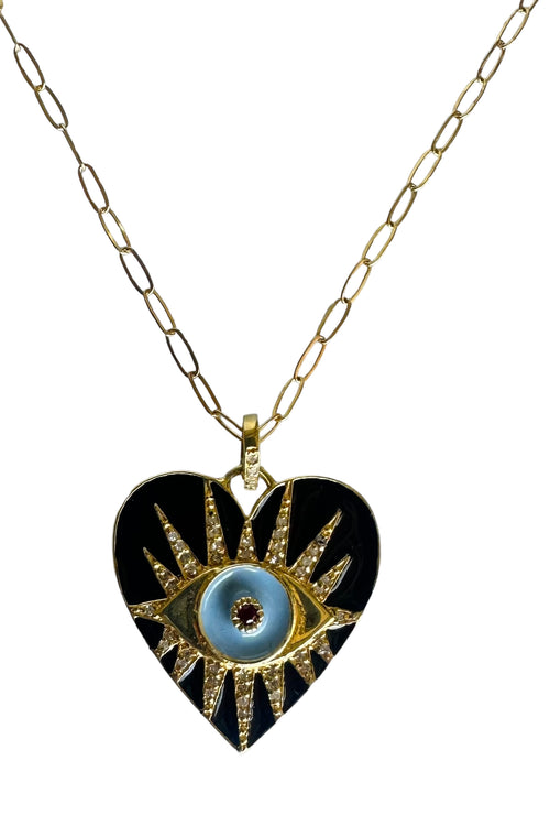 14K Gold Filled Cable Chain with Black Enamel Opal & Pave Diamond Heart Pendant