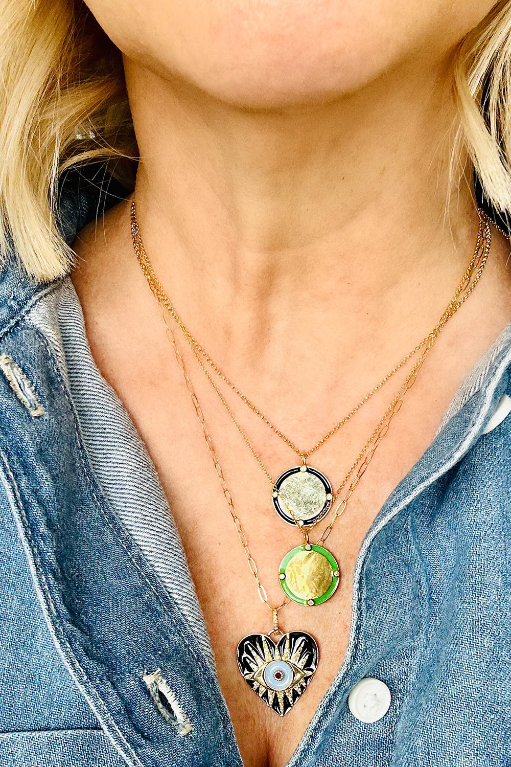 14K Gold Filled Cable Adjustable Chain with Green Enamel Vermeil & Diamond Disc Pendant