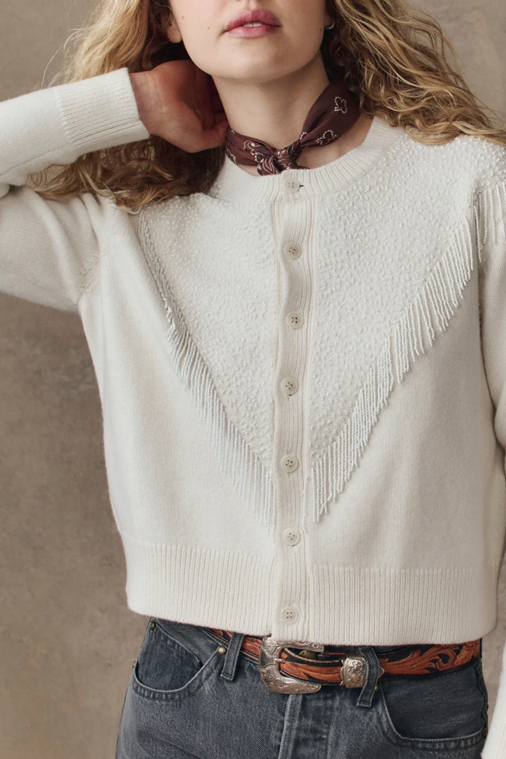 The Beaded Fringe Cardigan in Ivory