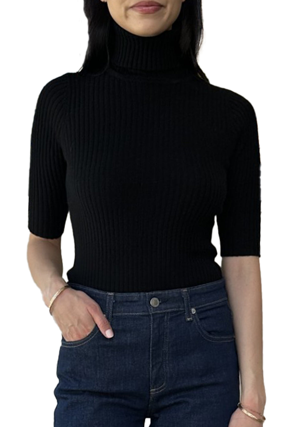 Cropped Elbow Sleeve Rib Turtleneck in Black