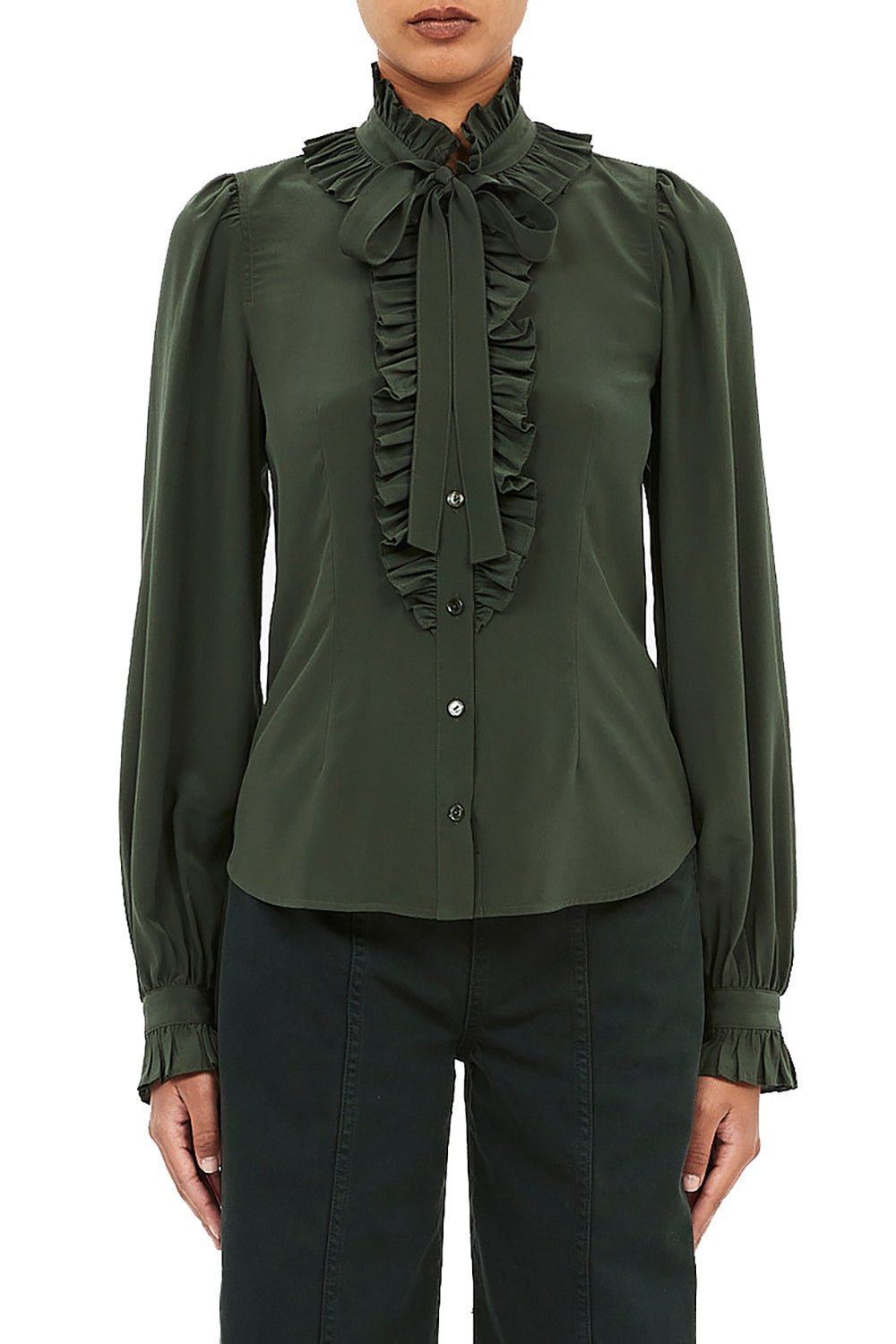 Catroux Silk Long Sleeve Button Front Blouse in Cypress