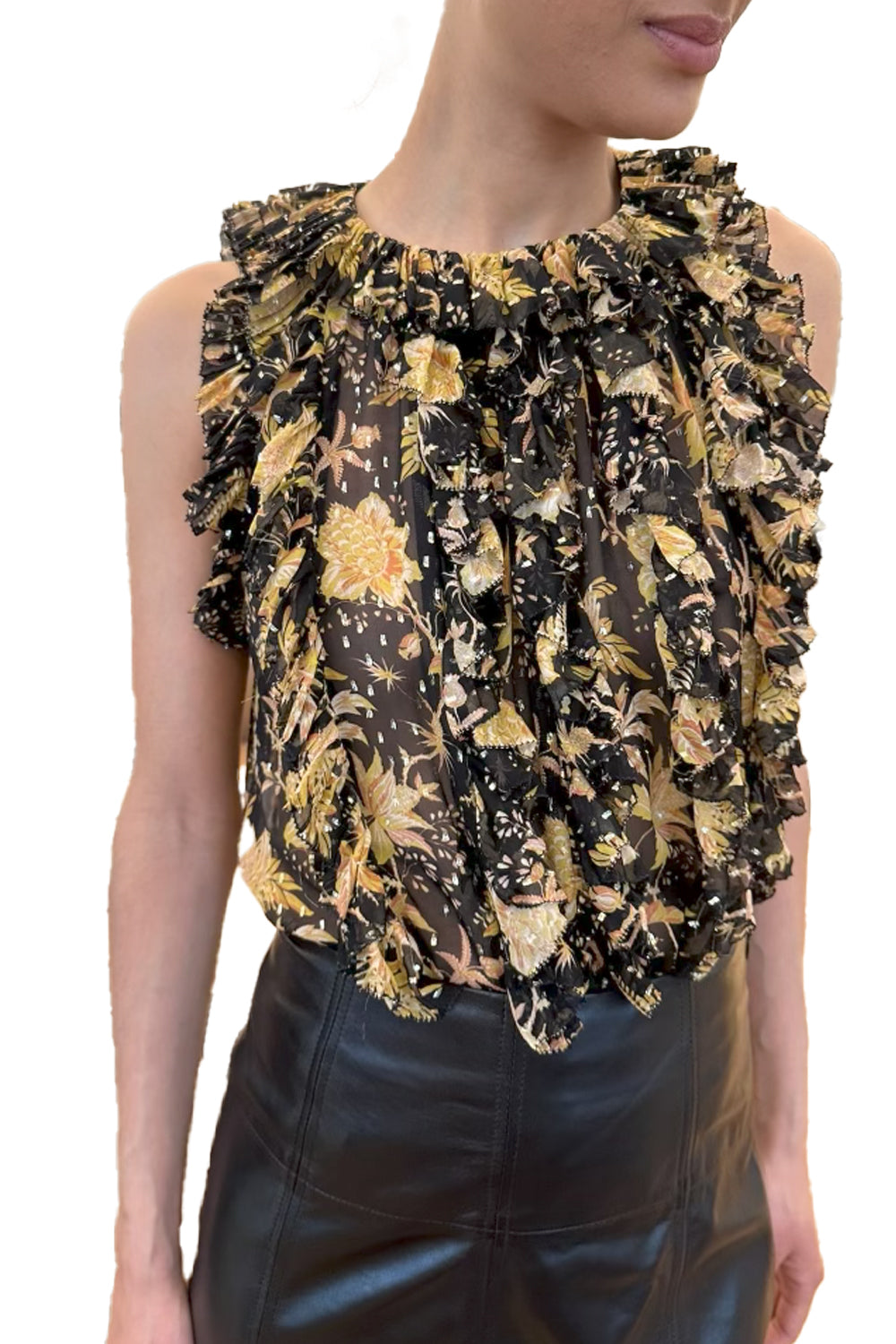 Sabra Sleeveless Cascading Ruffle Top in Forsythia