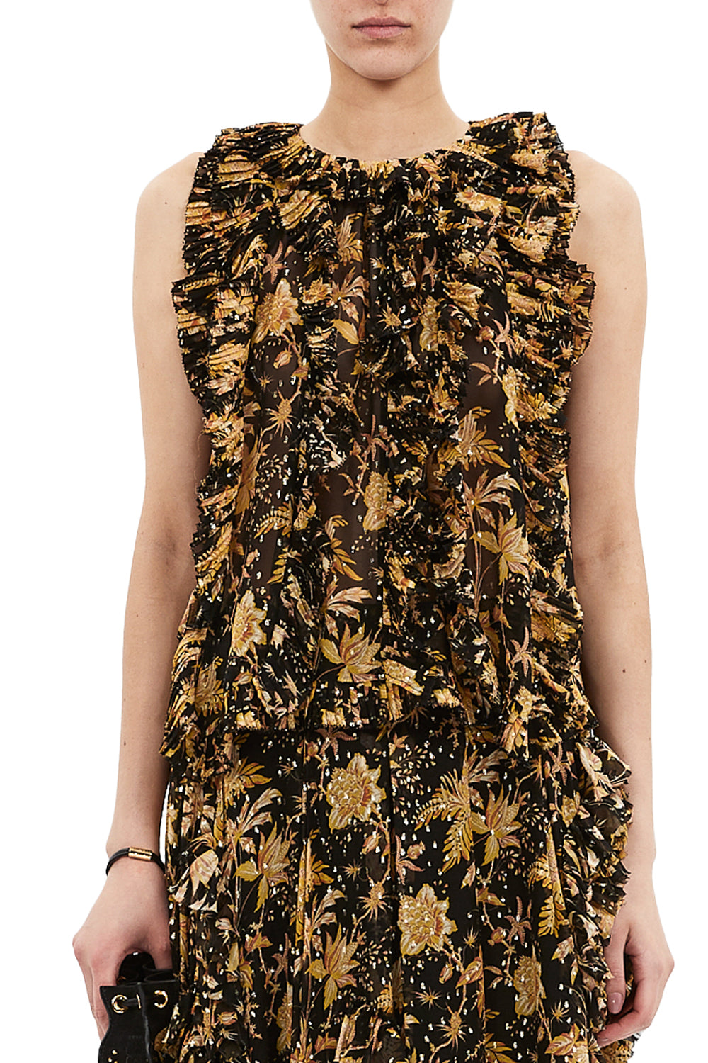 Sabra Sleeveless Cascading Ruffle Top in Forsythia