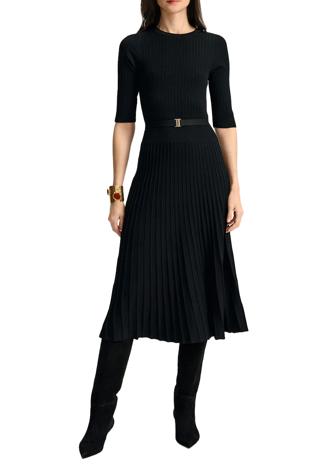Elthea Belted Midi Dress in Black