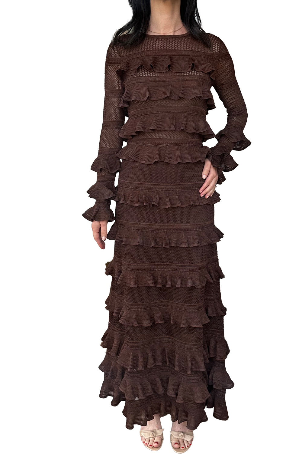 Hypnotic Lace Frill Top in Metallic Chocolate
