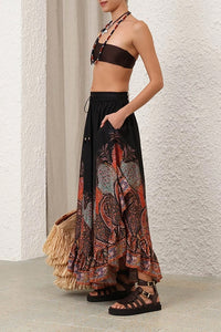 Rhiannon Ruffle Maxi Skirt in Black Paisley