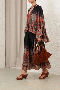 Rhiannon Ruffle Maxi Skirt in Black Paisley