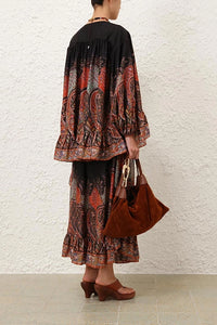 Rhiannon Ruffle Maxi Skirt in Black Paisley