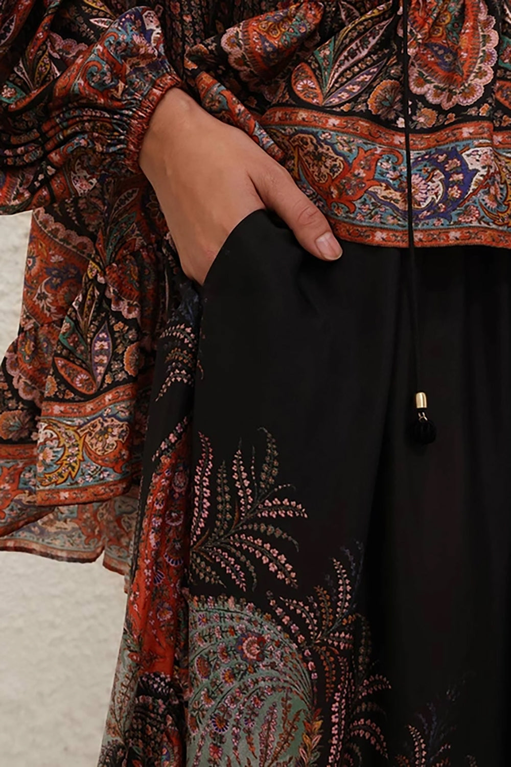 Rhiannon Ruffle Maxi Skirt in Black Paisley