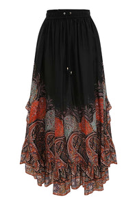 Rhiannon Ruffle Maxi Skirt in Black Paisley