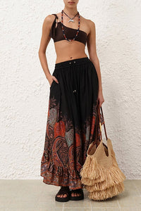 Rhiannon Ruffle Maxi Skirt in Black Paisley