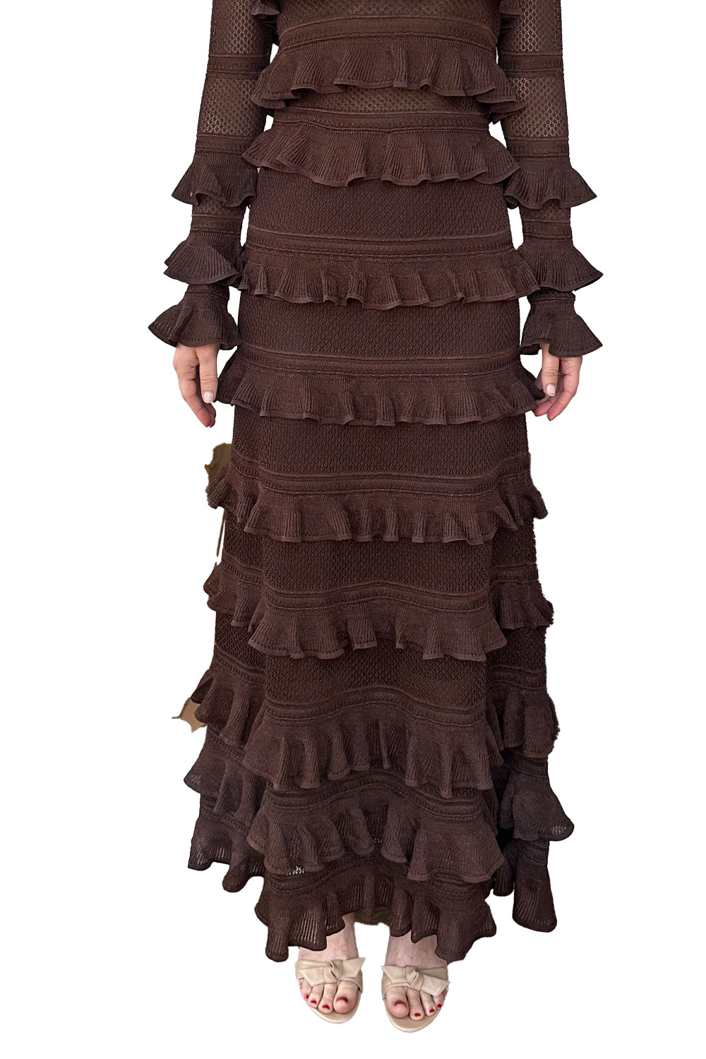Hypnotic Lace Frill Midi Skirt in Metallic Chocolate