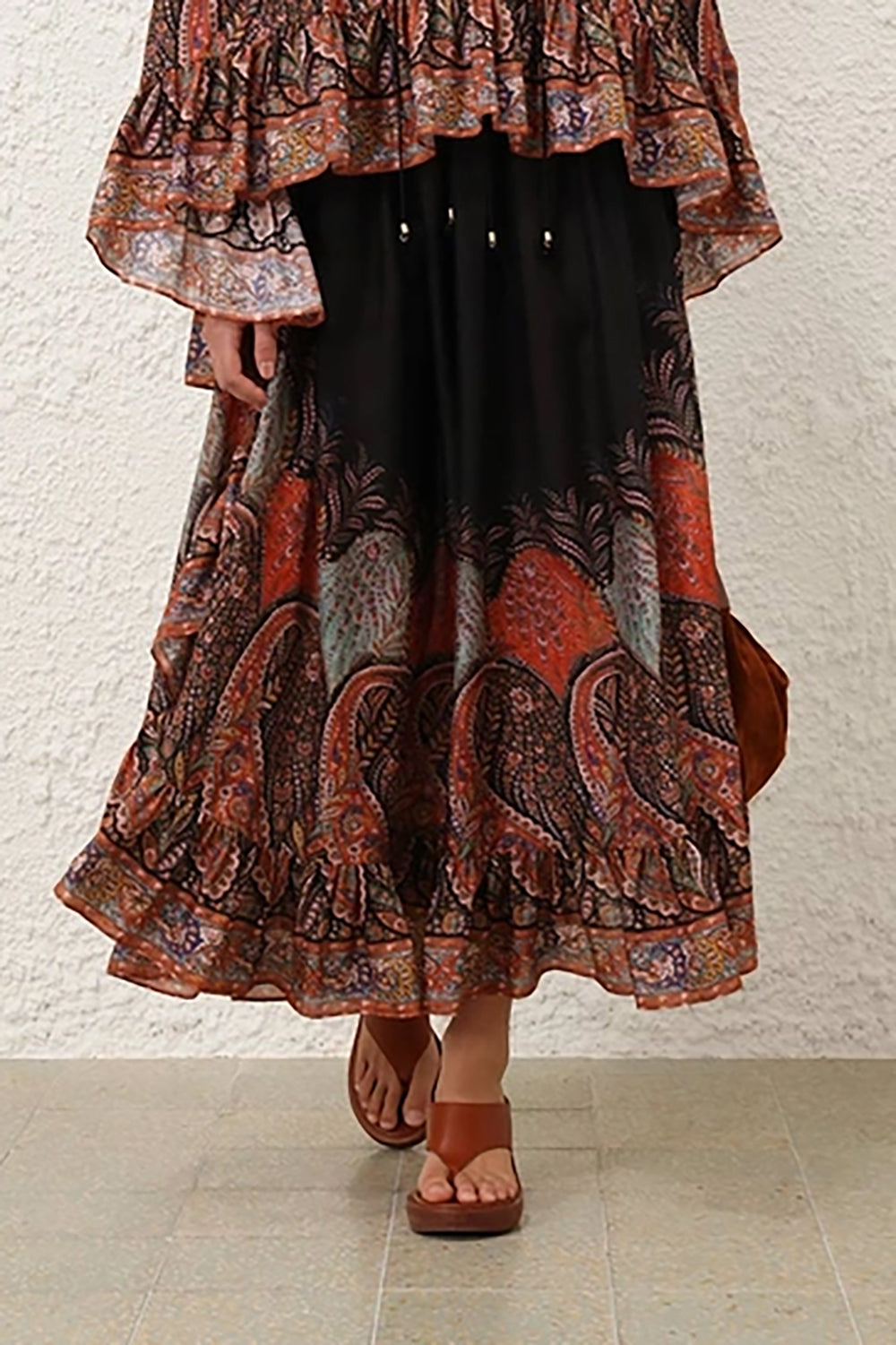 Rhiannon Ruffle Maxi Skirt in Black Paisley