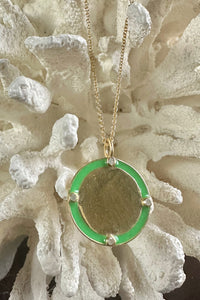 14K Gold Filled Cable Adjustable Chain with Green Enamel Vermeil & Diamond Disc Pendant