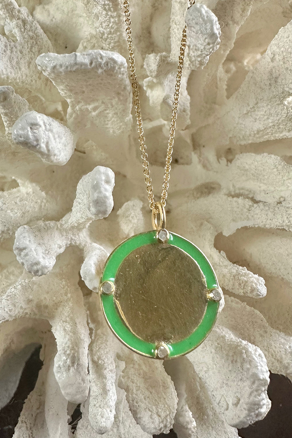 14K Gold Filled Cable Adjustable Chain with Green Enamel Vermeil & Diamond Disc Pendant