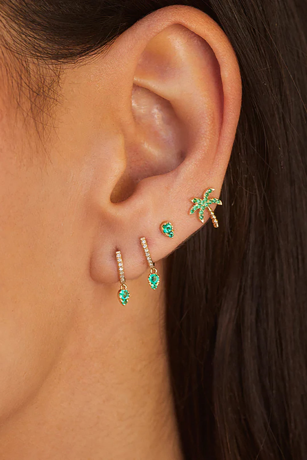 Emerald Teardrop Diamond Mini Huggie Earring in 14k Yellow Gold