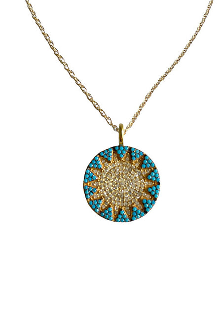 Necklace of Natural Turquoise Graduated Wheels with Gold Vermeil and Pave Rondel on Gold Clasp