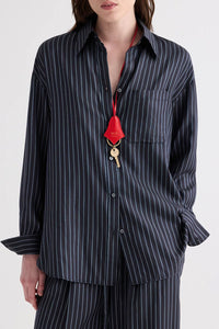 Big Joe Shirt in Evening Stripe on Silk Blue Nights Turkish Coffee