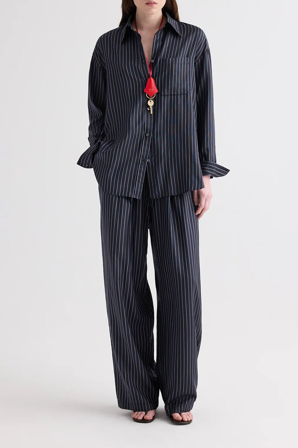 PJ Pant in Evening Stripe on Silk Blue Night Turkish Coffee
