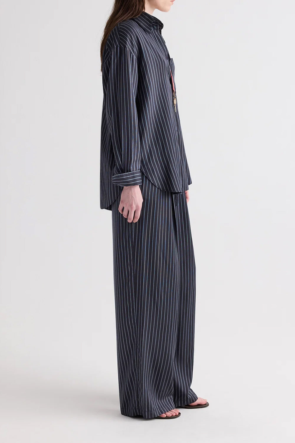 PJ Pant in Evening Stripe on Silk Blue Night Turkish Coffee