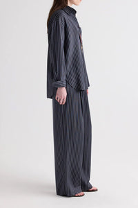 Big Joe Shirt in Evening Stripe on Silk Blue Nights Turkish Coffee