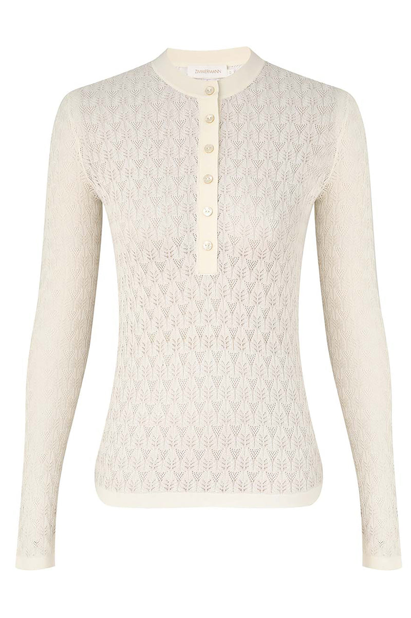 Lace Knit Buttoned Top in Parchment