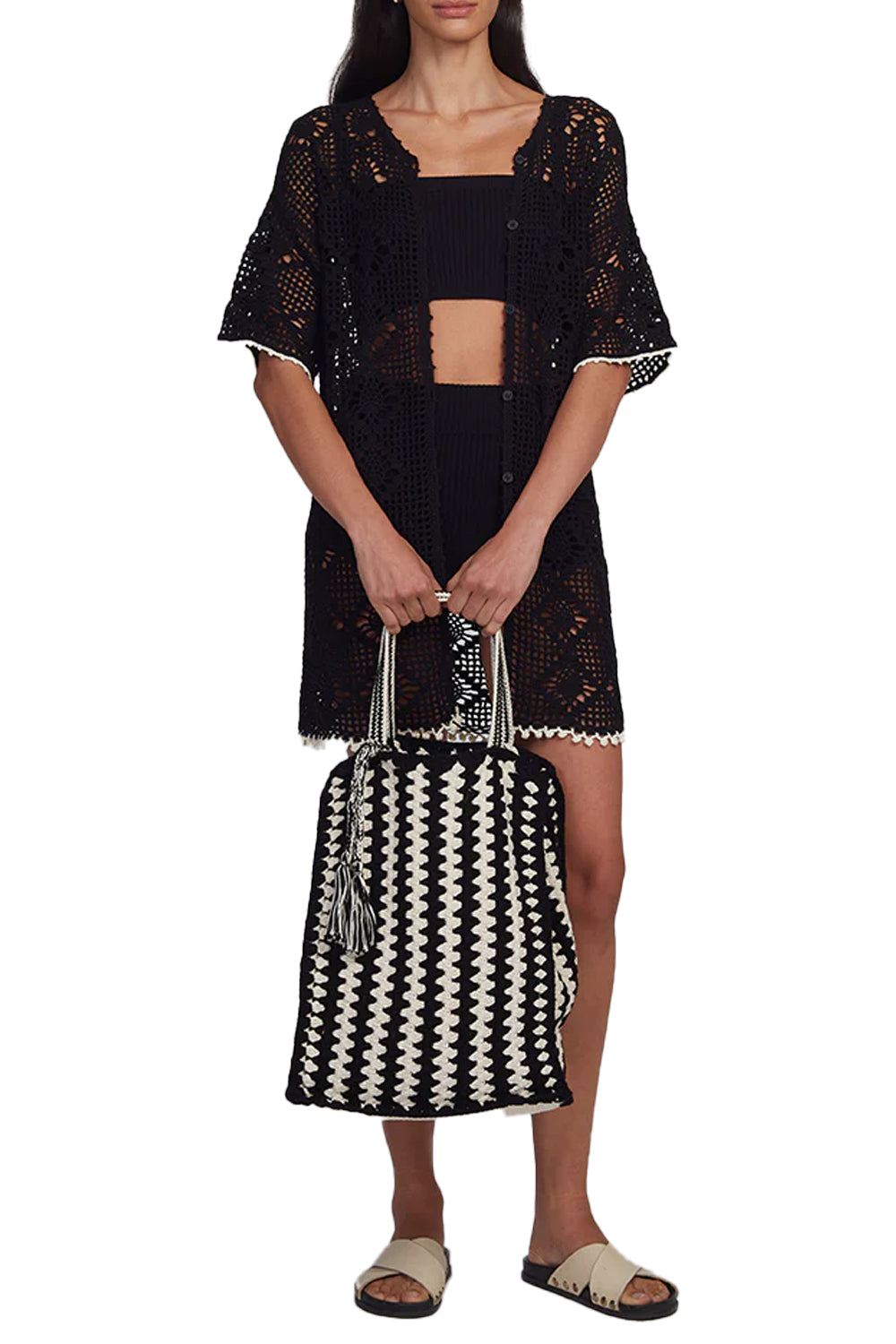 Vera Crochet Tote in Ivory Black Combo