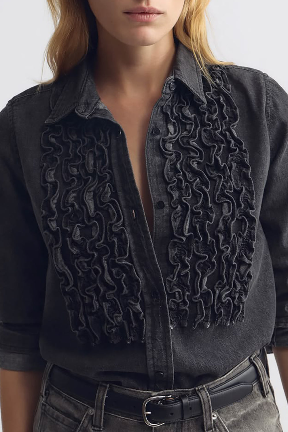 Emilie Denim Ruffle Shirt in Faded Black