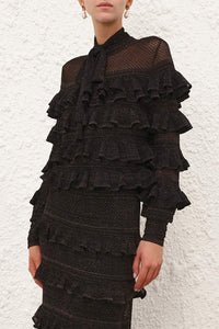 Rebellion Frill Tie Neck Top in Metallic Black