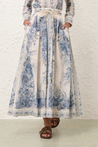 Wanderlust A-Line Maxi Skirt in Blue Toile