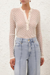 Lace Knit Buttoned Top in Parchment