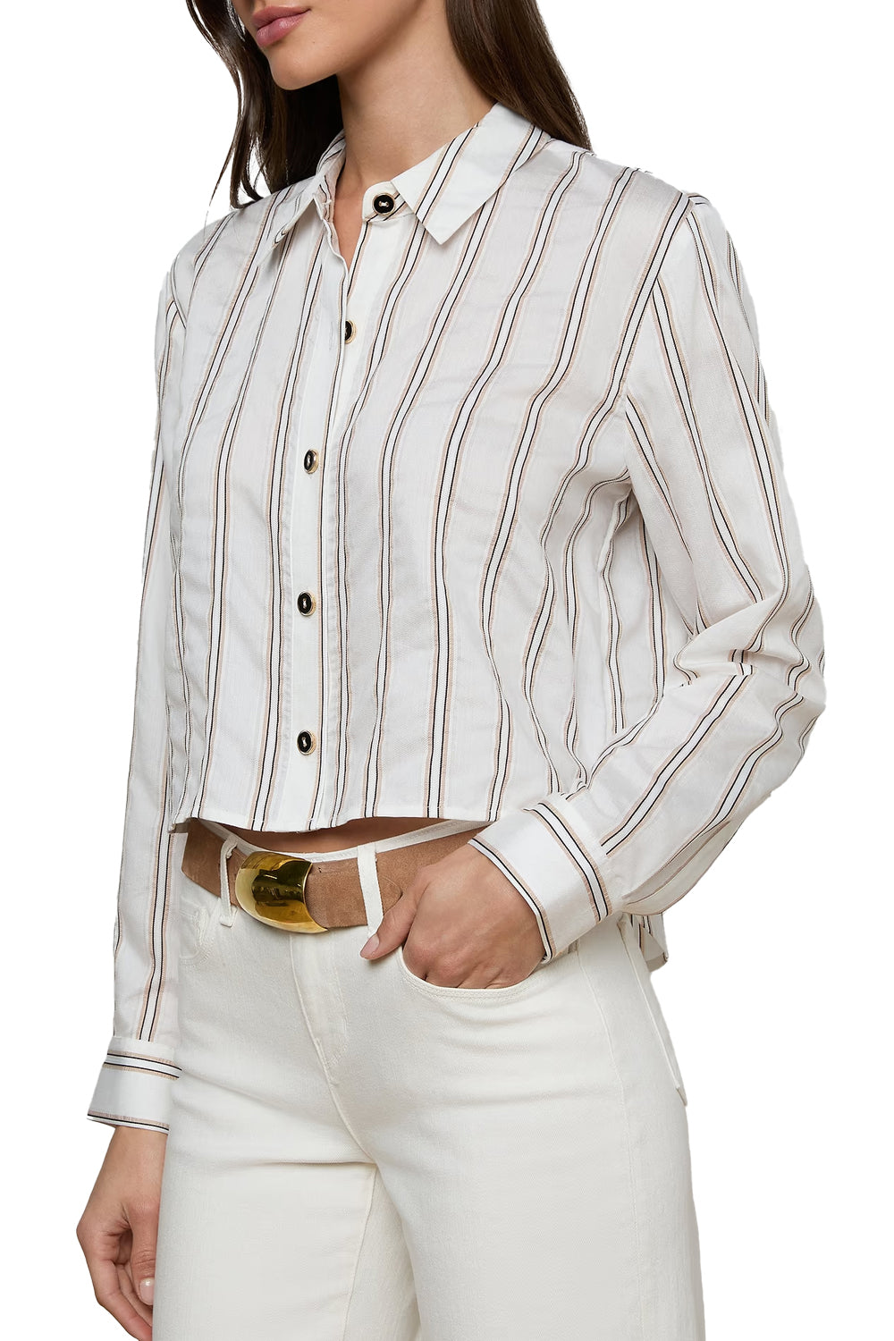 Cosette Crop Hi Low Shirt in Ivory Khaki Black Stripe