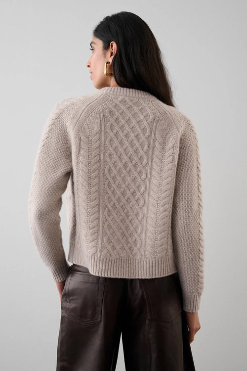 Cashmere Luxe Cable Crewneck Cardigan in Sand Wisp Heather