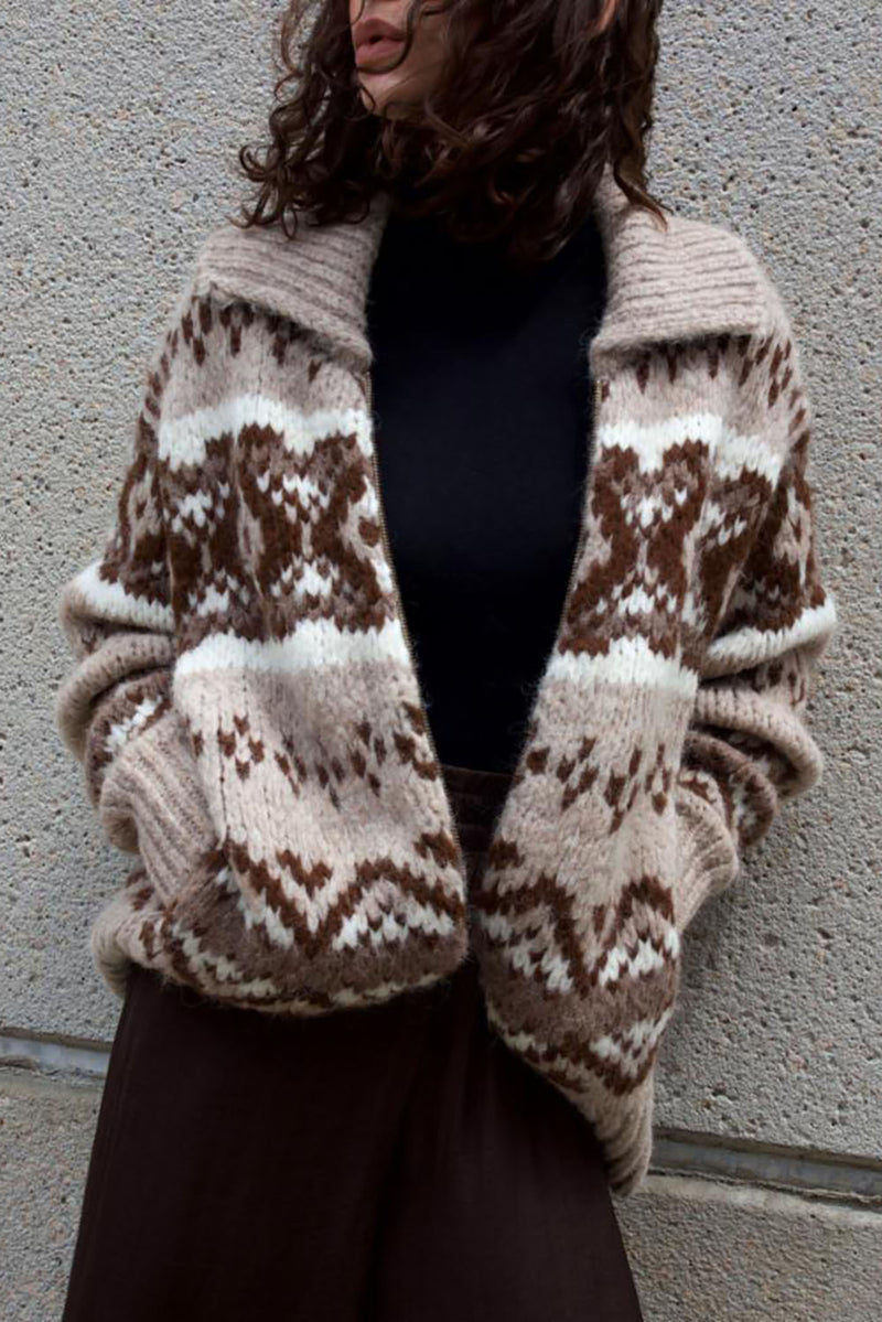 Alpaca Blend Fair Isle Bomber in Brown Combo