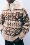 Alpaca Blend Fair Isle Bomber in Brown Combo