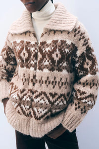 Alpaca Blend Fair Isle Bomber in Brown Combo