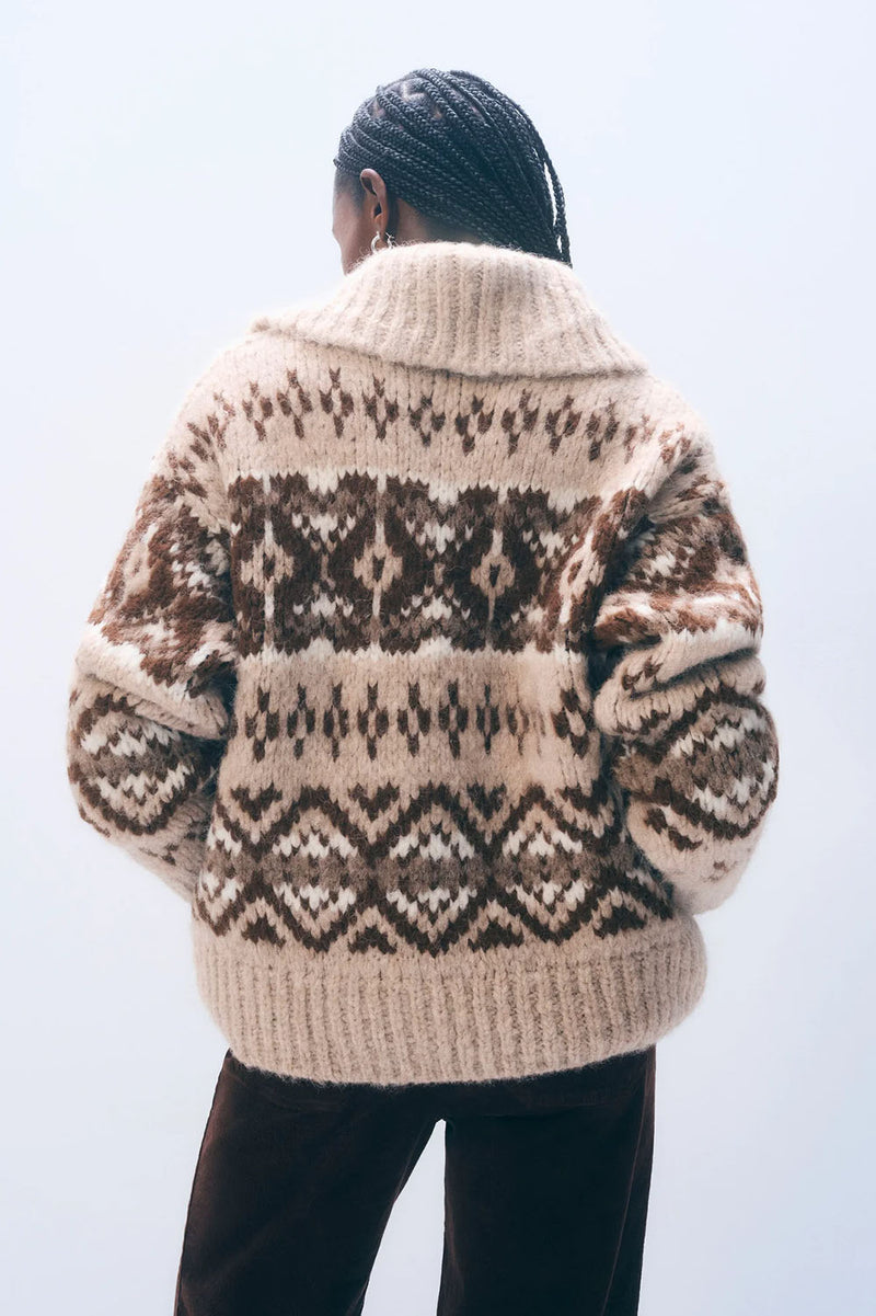 Alpaca Blend Fair Isle Bomber in Brown Combo