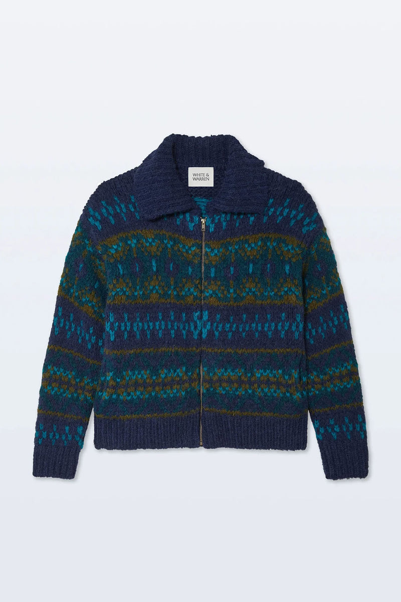 Alpaca Blend Fair Isle Bomber in Teal Combo