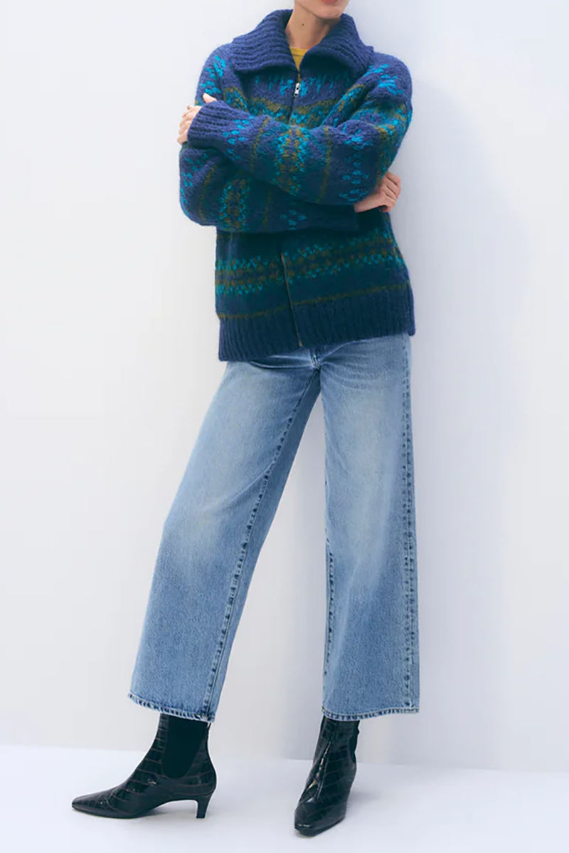 Alpaca Blend Fair Isle Bomber in Teal Combo