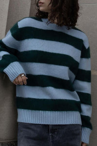 Brushed Cashmere Striped Crew in Blue Tealwood