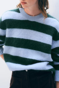 Brushed Cashmere Striped Crew in Blue Tealwood